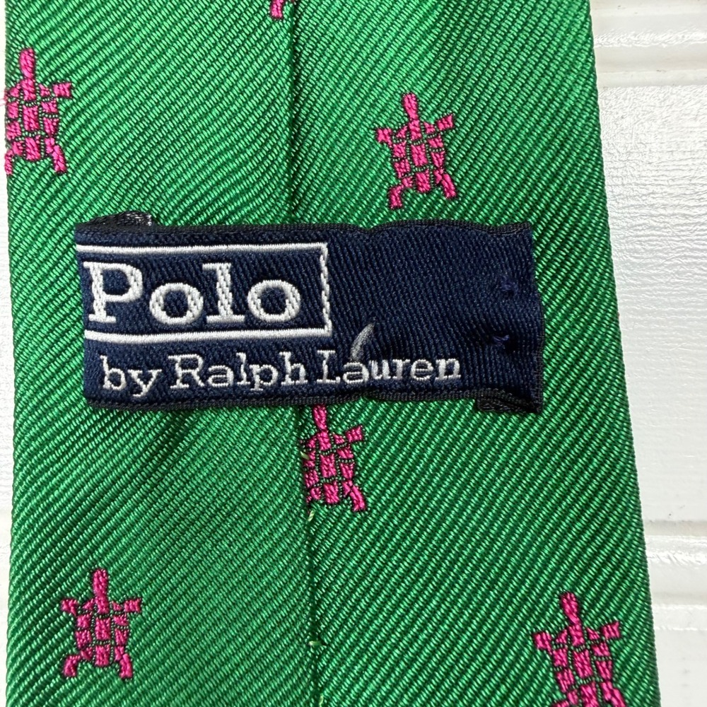Polo Ralph Lauren Kids Silk Tie Green‎ Pink Turtle Vintage Hand Finished Italy
